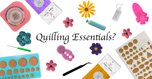 The phrase “quilling essentials?” Surrounded by quilling tools, bagged quilling paper, and quilled flowers. learn about quilling tool names and what they are used for.