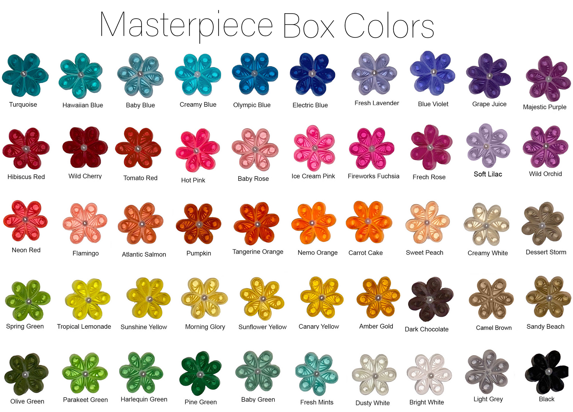 A chart of 48 different color swatches, each shaped like a flower. The chart is titled 'Masterpiece Box Colors'. The colors are arranged in rows and columns, with each color labeled with a descriptive name. The colors include turquoise, Hawaiian blue, baby blue, creamy blue, olympic blue, electric blue, fresh lavender, blue violet, grape juice, majestic purple, hibiscus red, wild cherry, tomato red, hot pink, baby rose, ice cream pink, fireworks fuchsia, fresh rose, soft lilac, wild orchid and more.