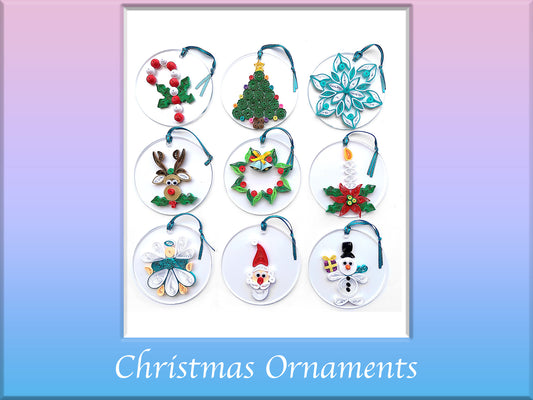 Nine quilled Christmas ornaments. paper quilling Christmas for beginners. quilled Christmas card. 12 days Christmas. easy Christmas quilling. candy cain, Christmas tree, snowflake, reindeer, wreath, candle, angel, Santa claus, snowman.