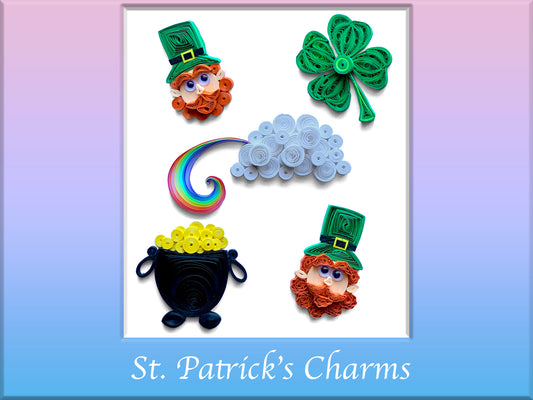 Five quilled St. Patrick’s charms in title frame