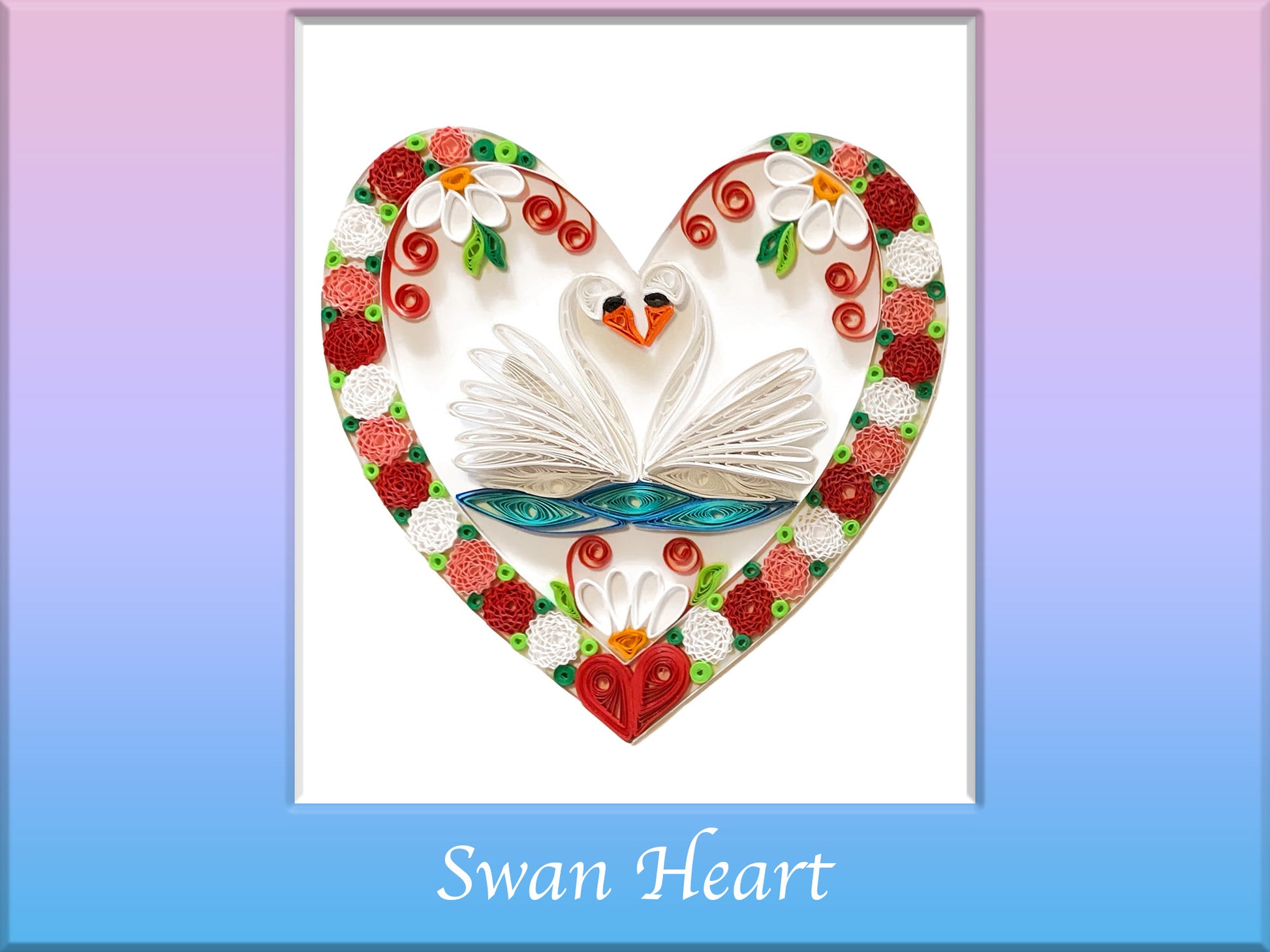 Quilled heart with quilled swans inside. quilled valentines card. quilling valentine's day. Valentine's Day quilling design pattern template.