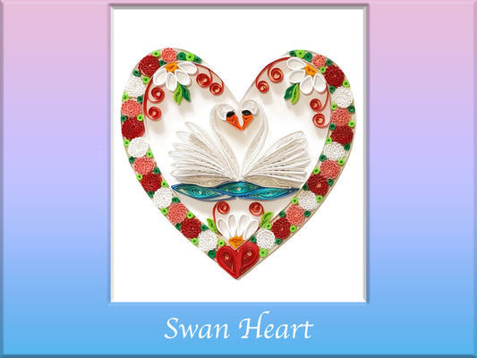 Quilled heart with quilled swans inside. quilled valentines card. quilling valentine's day. Valentine's Day quilling design pattern template.