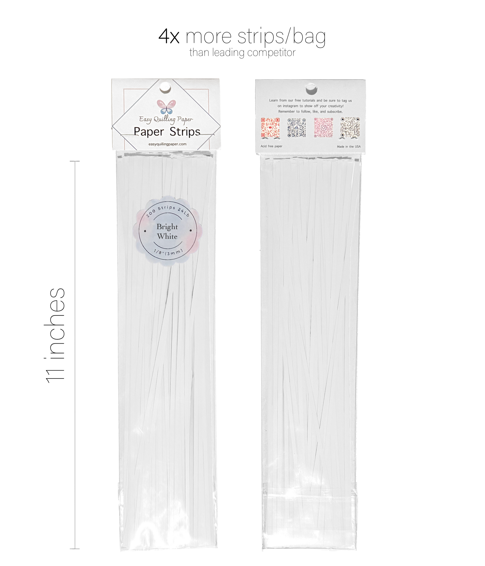 Two packages of white paper strips for quilling. The packages are labeled 'Easy Quilling Paper Paper Strips' and '100 Strips 2618 Bright White 1/8' (3 mm)'. The packages are hanging from a hole at the top.