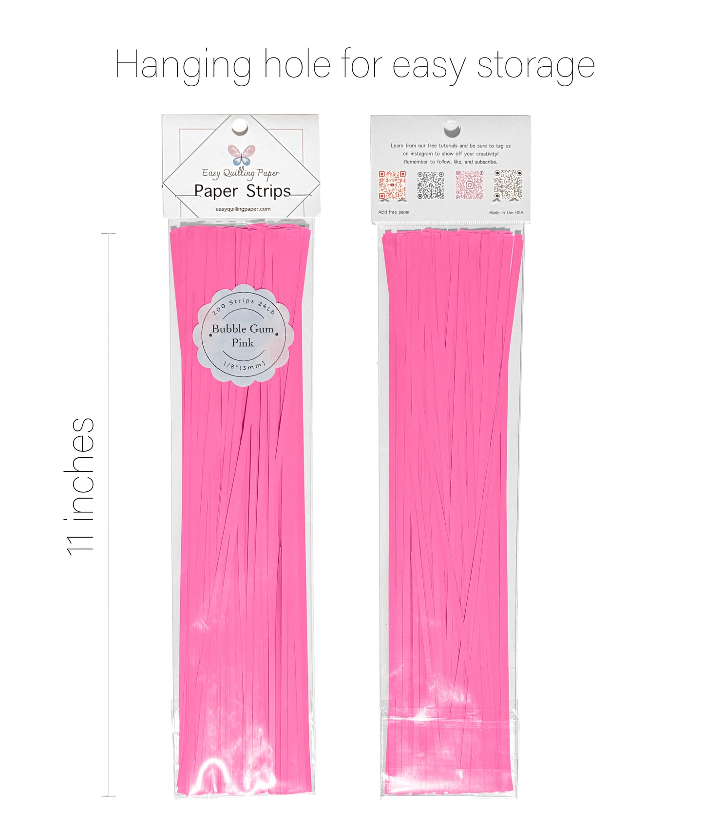 flat pink paper quilling strips in resealable bags side by side. Strips are 11 inches long.