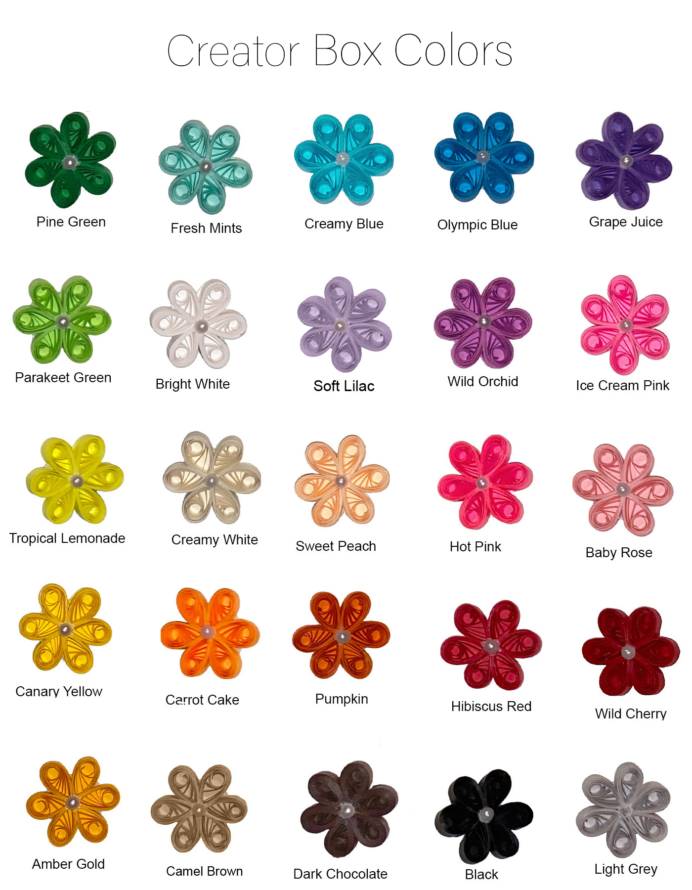 A chart of 20 different color swatches, each with a flower-shaped design and a label underneath. The colors include pine green, fresh mints, creamy blue, olympic blue, grape juice, parakeet green, bright white, soft lilac, wild orchid, ice cream pink, tropical lemonade, creamy white, sweet peach, hot pink, baby rose, canary yellow, carrot cake, pumpkin, hibiscus red, wild cherry, amber gold, camel brown, dark chocolate, black, and light grey.