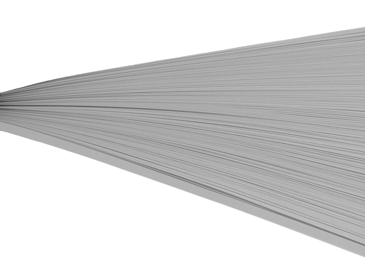 Gray quilling paper strips on their side against a white background.