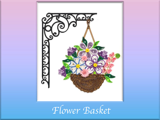 Quilled flower basket in title fame.