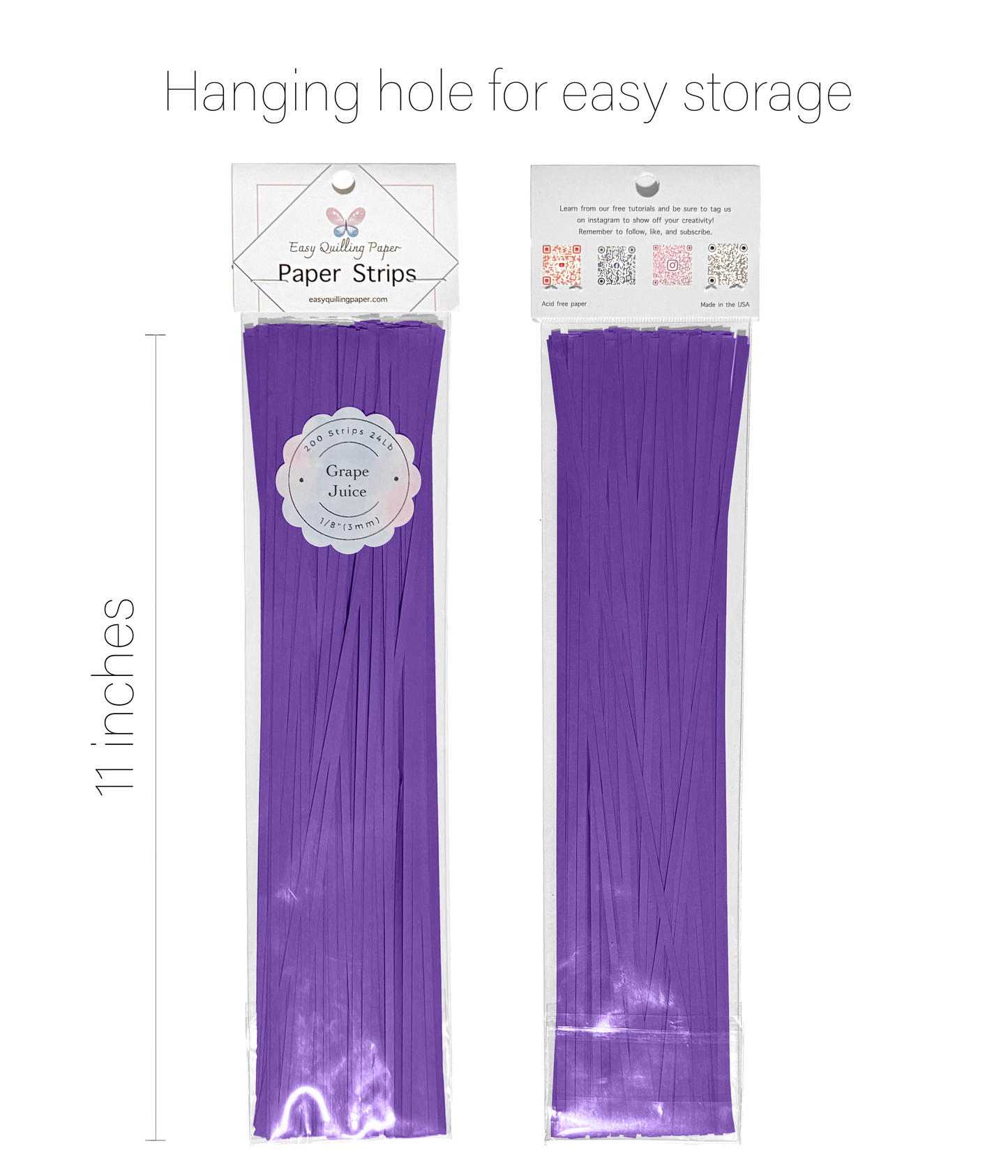Flat purple paper quilling strips in resealable bags side by side. Strips are 11 inches long.