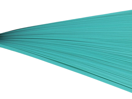 Teal blue paper quilling strips on their side against a white background.