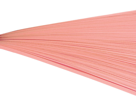 Orange pink quilling paper strips on their side against a white background.