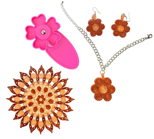 paper crimper with quilled jewelry made using the quilling tool. quilled necklace, quilled earrings, and quilled mandala . crimped paper jewelry. crimper for quilling. paper strip crimper. crimper paper art.