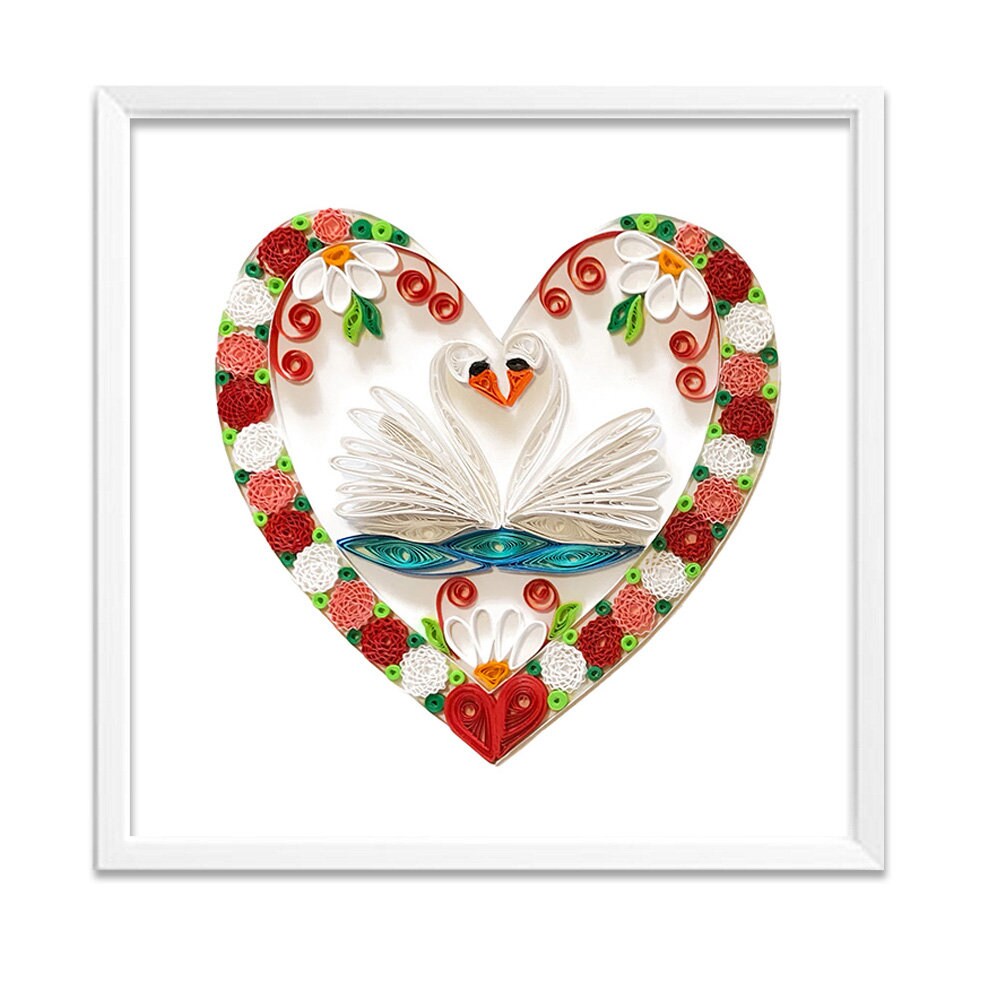 Quilled swan heart in white wooden frame. valentines quilling