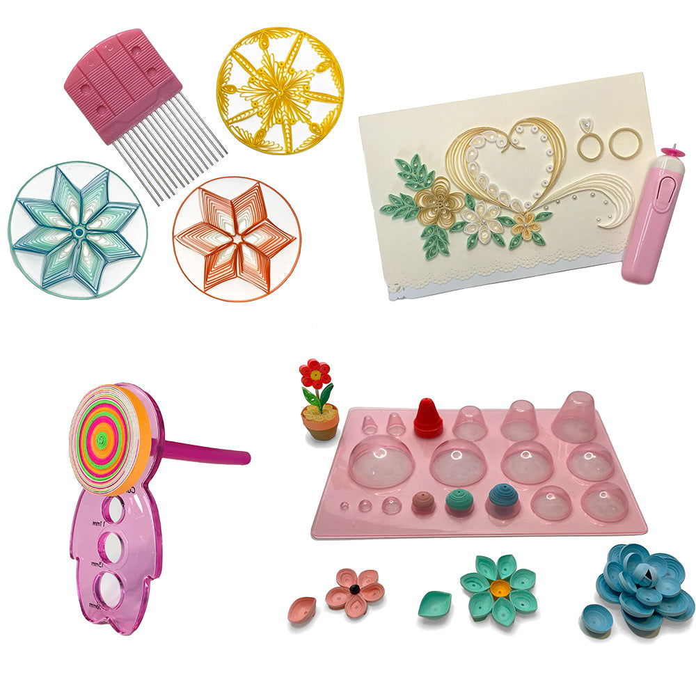 Quilling comb, quilling slotted tool, quilling dome, and a curling coach with quilled artwork using the tools around it. 