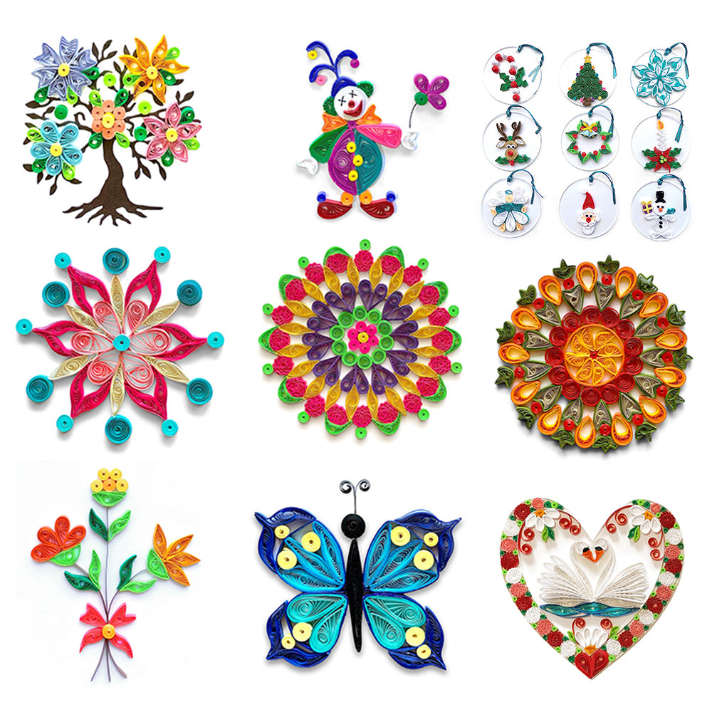 Quilled art that has templates available. Quilled tree of life, quilled clown, quilled Christmas ornaments, quilled snowflake, 2 quilled mandalas, a quilled flower bouquet, a quilled butterfly, and a quilled heart with swans inside. 