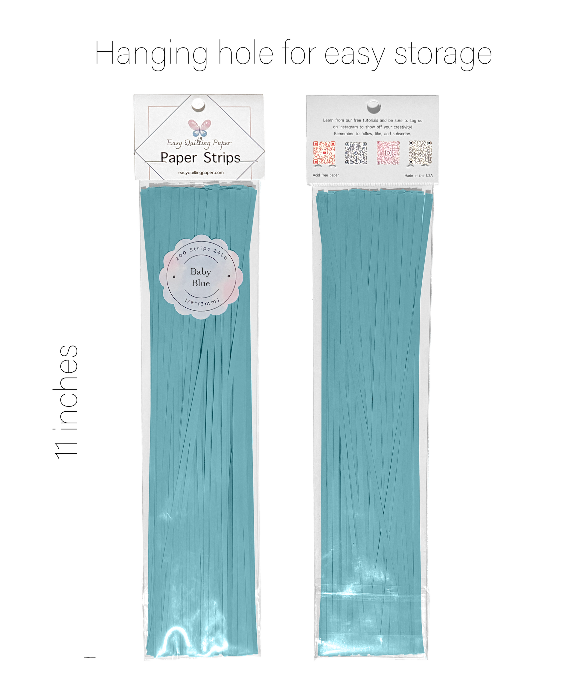 Light blue flat quilling paper strips in resealable bags side by side. Strips are 11 inches long.