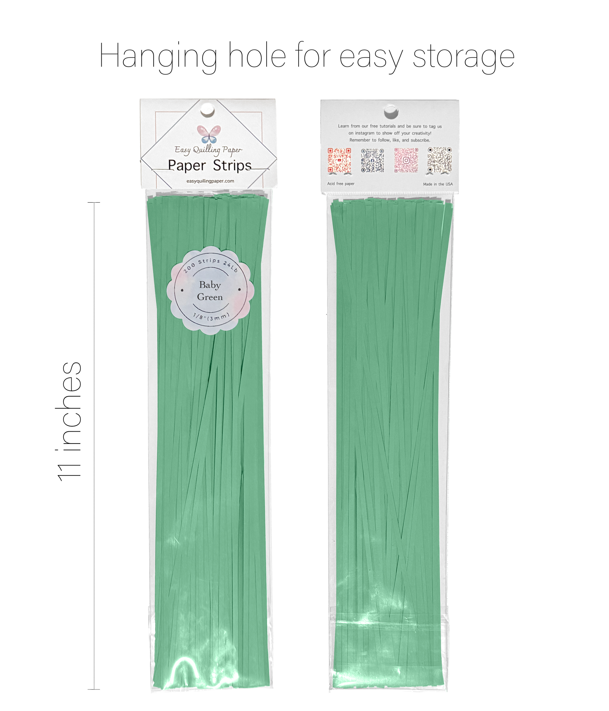 Light green flat quilling paper strips in resealable bags side by side. Strips are 11 inches long.
