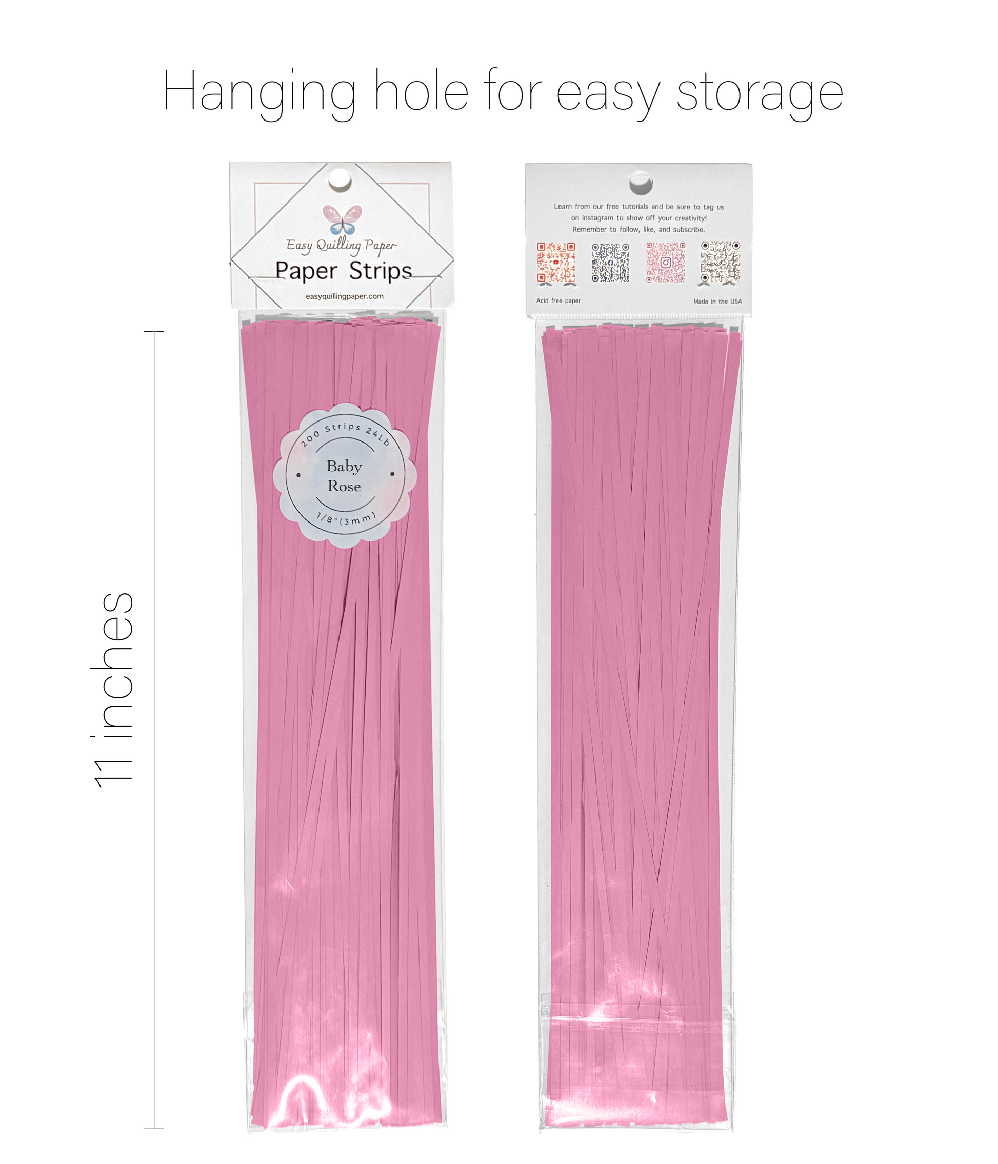 Light pink flat quilling paper strips in resealable bags side by side. Strips are 11 inches long. 