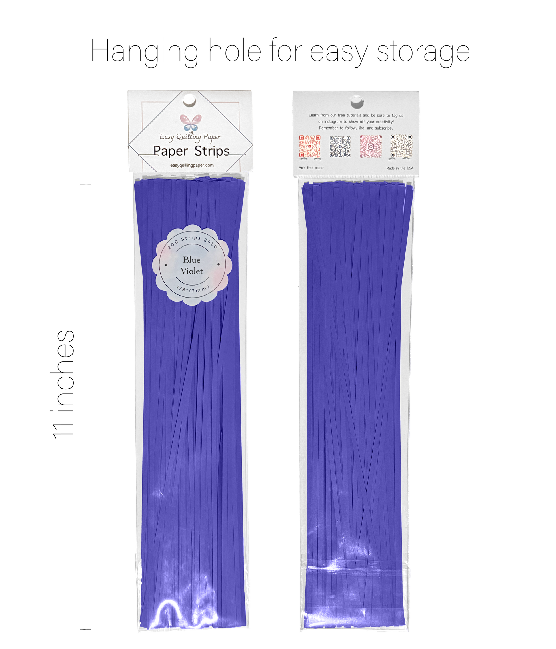 Blue-purple flat quilling strips in resealable bags side by side. Strips are 11 inches long.
