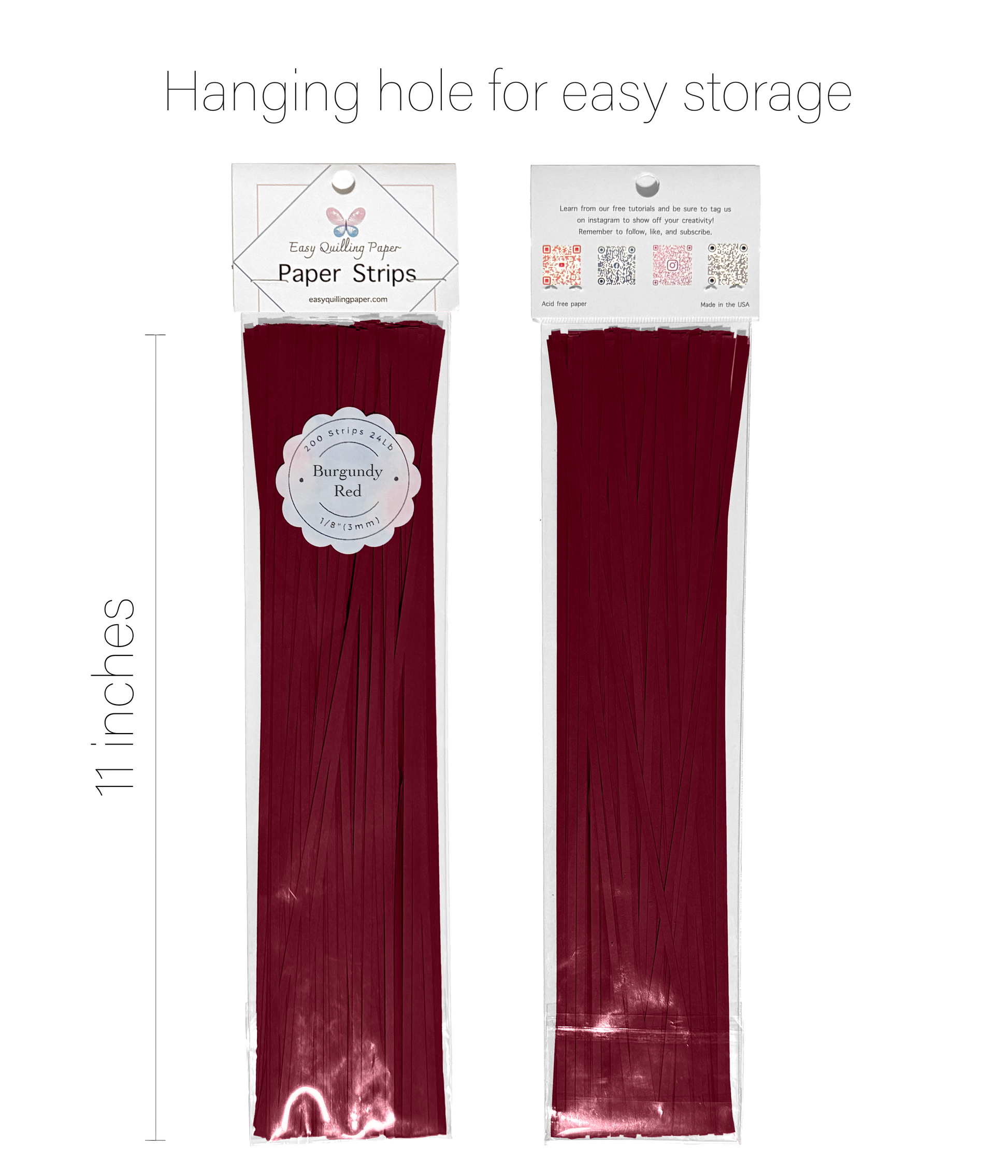 Dark red flat quilling paper in resealable bags side by side. Strips are 11 inches long.