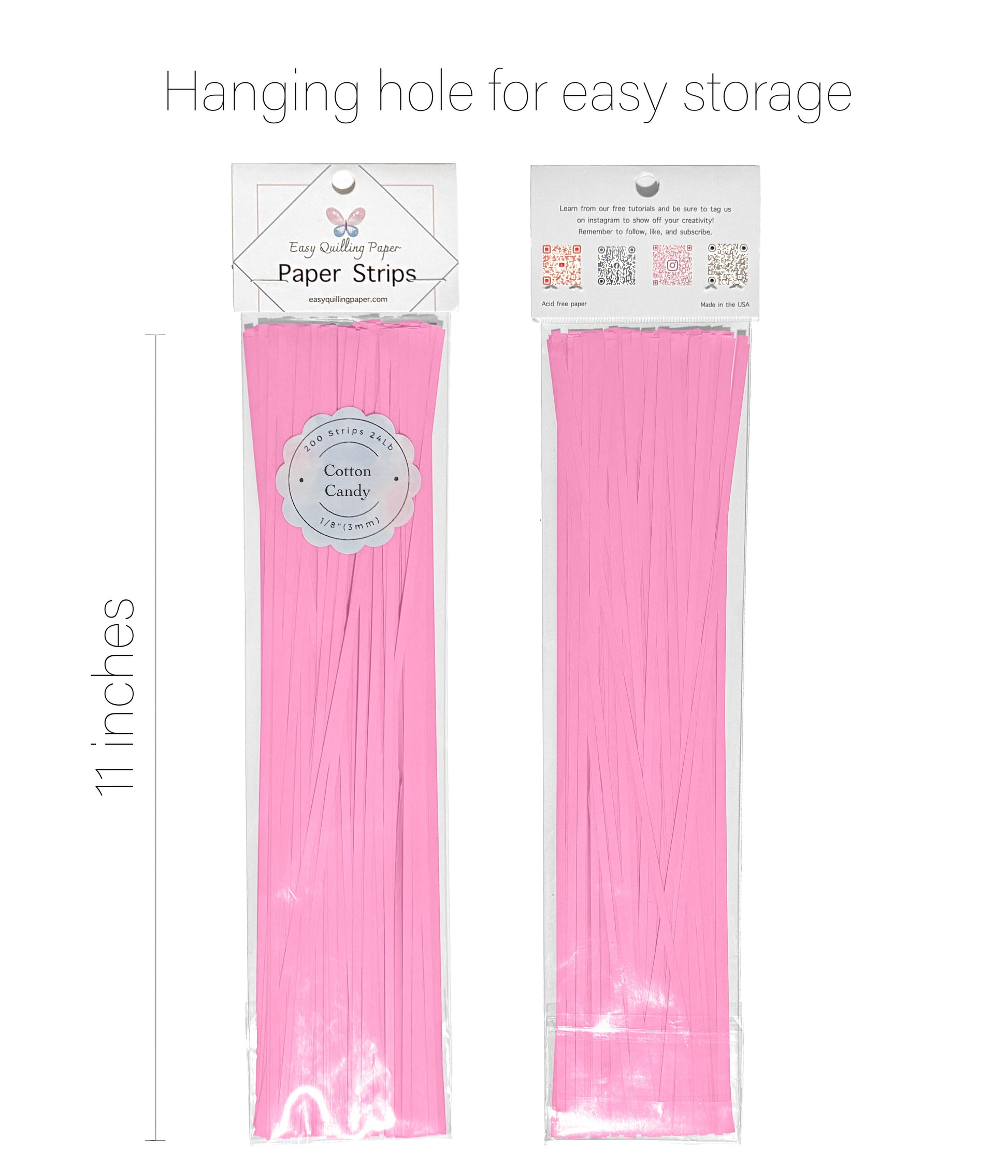Flat pink paper quilling strips in resealable bags side by side. Strips are 11 inches long.