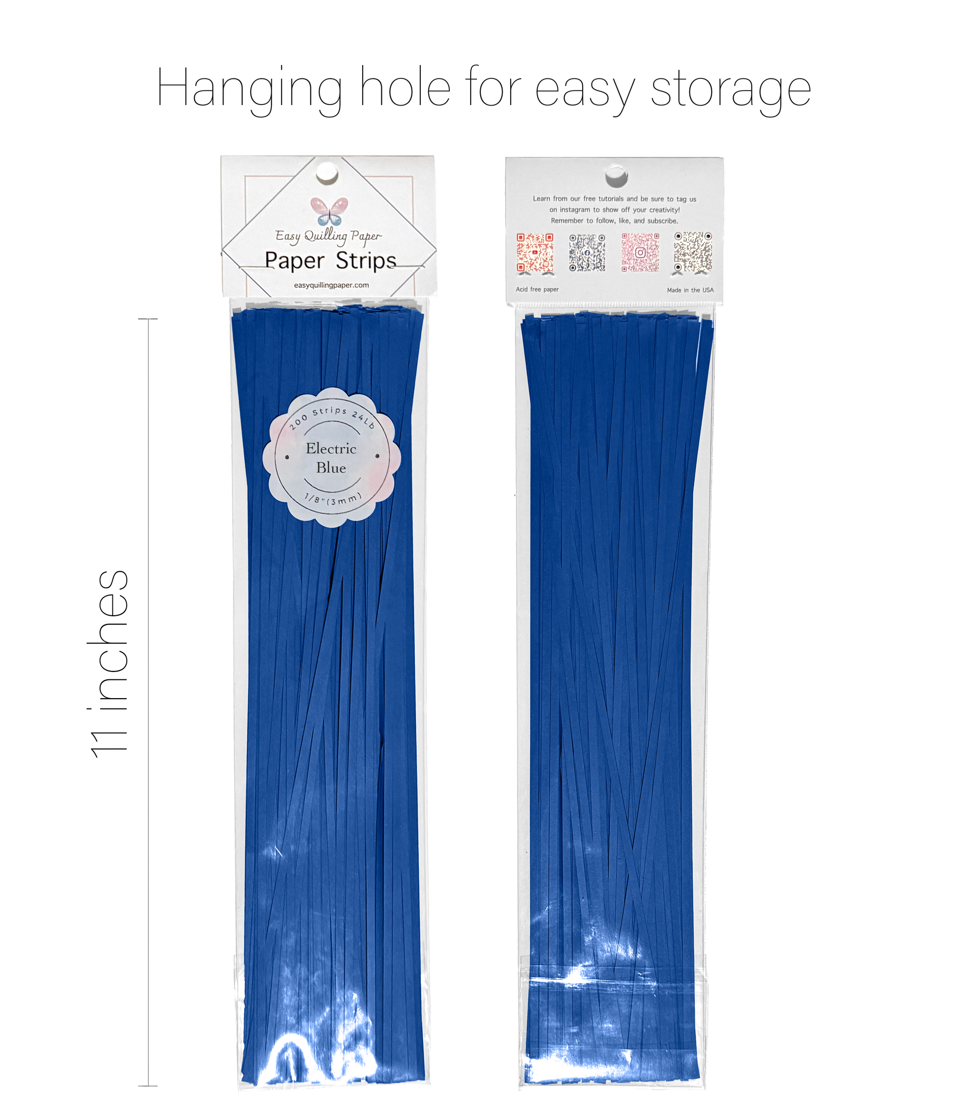 Flat dark blue quilling paper quilling strips in resealable bags side by side. Strips are 11 inches long.