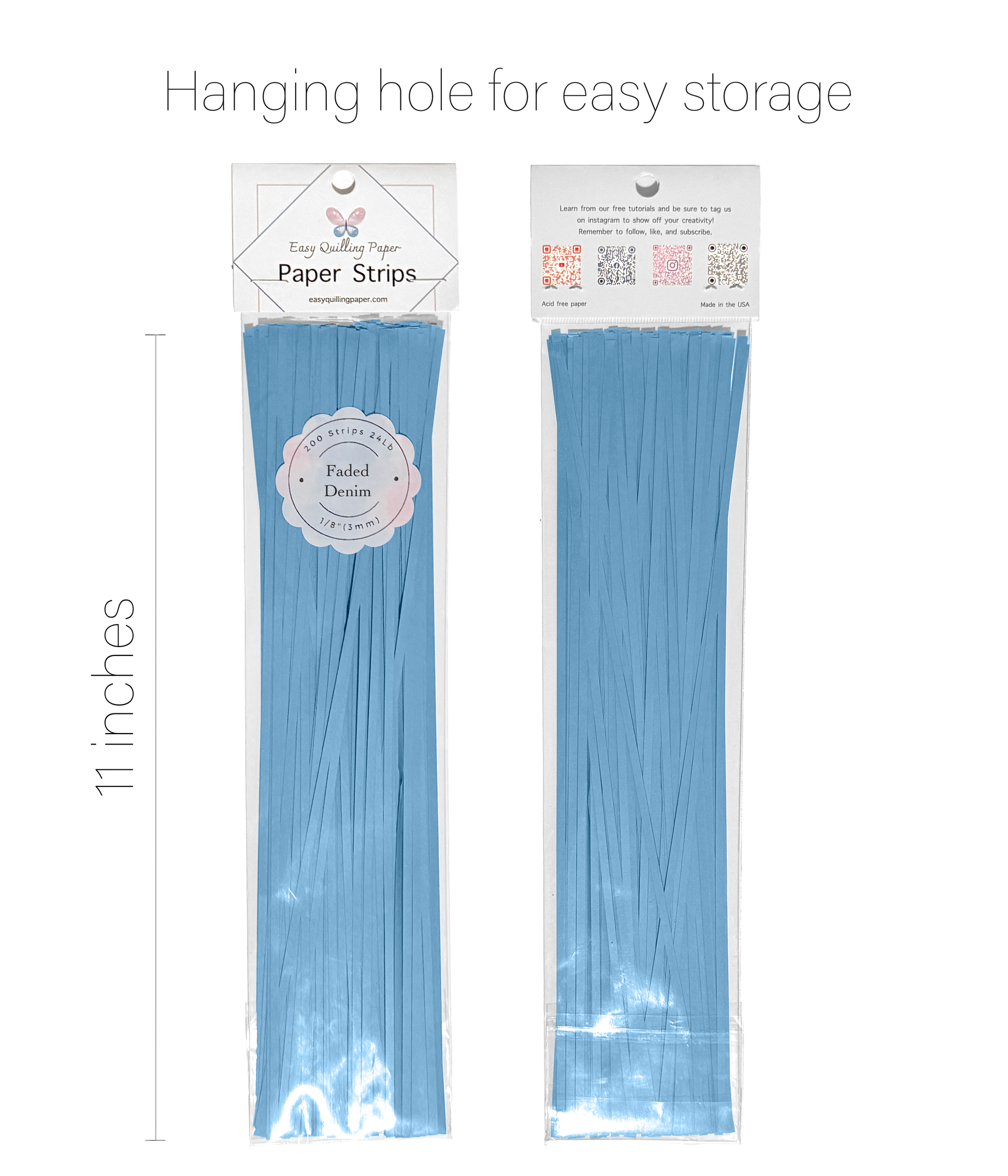 Flat light blue quilling paper strips in resealable bags side by side. Strips are 11 inches long.