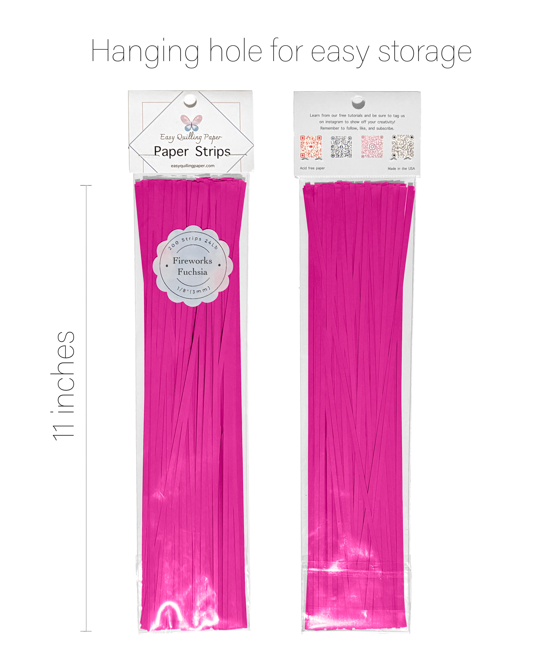 Flat fuchsia paper quilling strips in resealable bags side by side. Strips are 11 inches long.