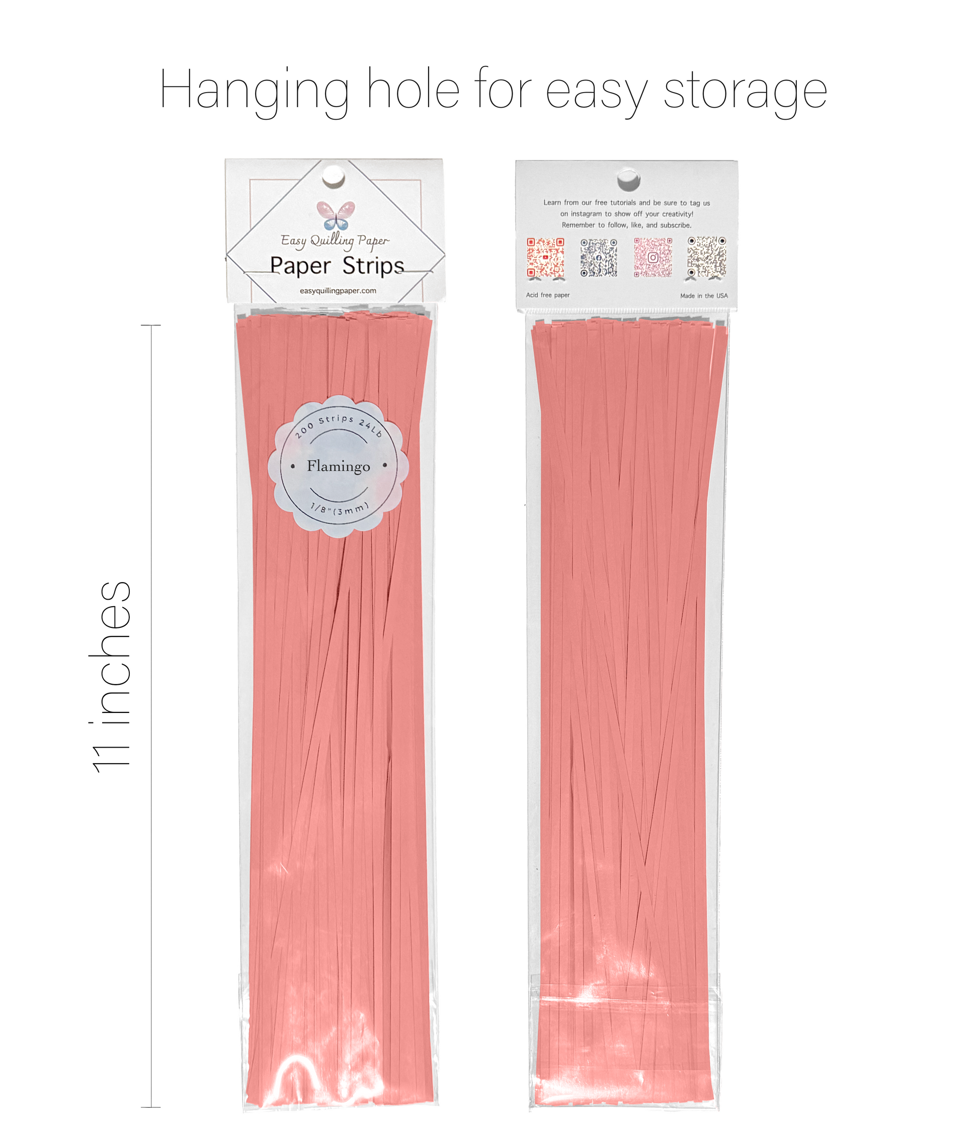 Flat orange pink paper quilling strips in resealable bags side by side. Strips are 11 inches long.