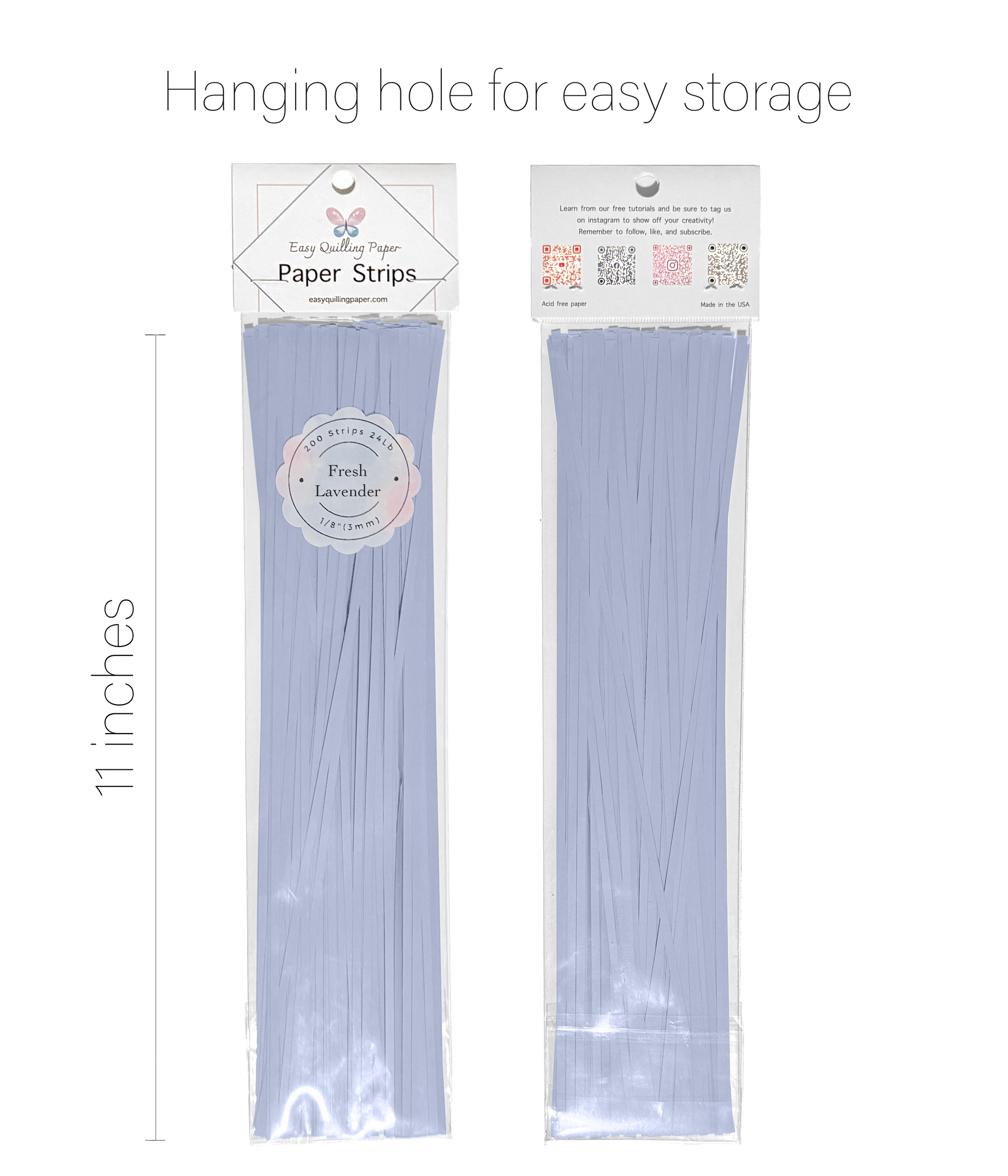 Flat lavender quilling strips in resealable bags side by side. Strips are 11 inches long.