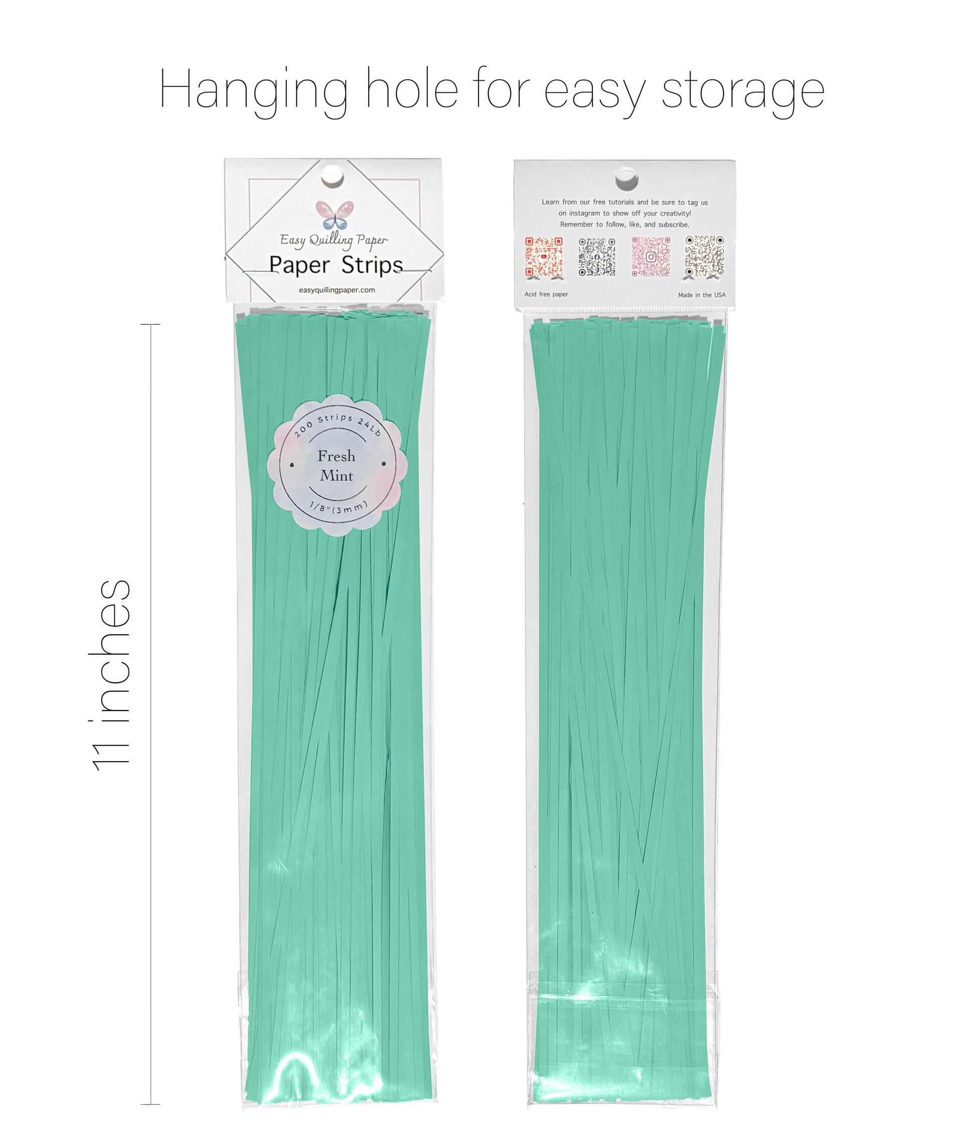 Flat mint green paper quilling strips in resealable bags side by side. Strips are 11 inches long.