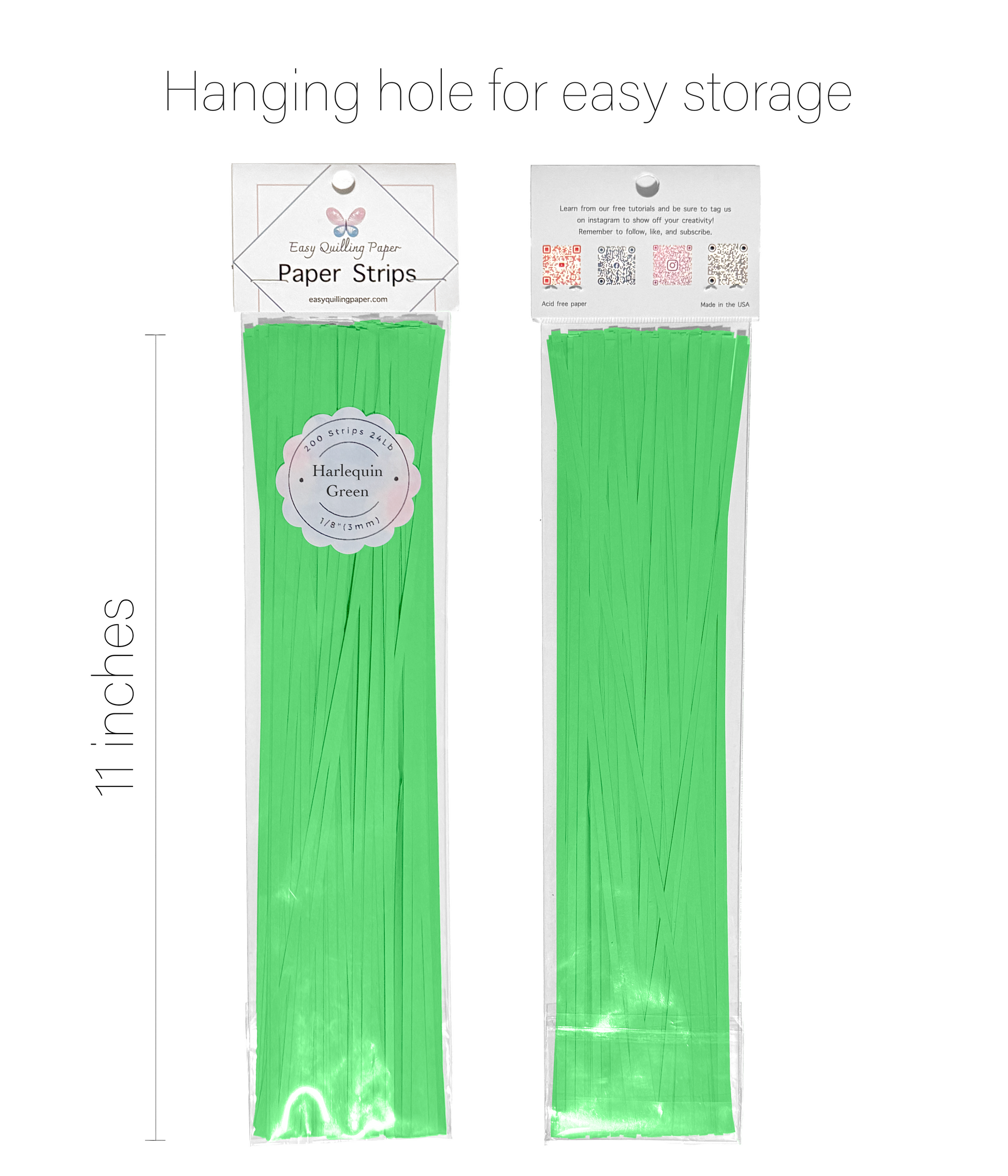 Flat green paper quilling strips in resealable bags side by side. Strips are 11 inches long.