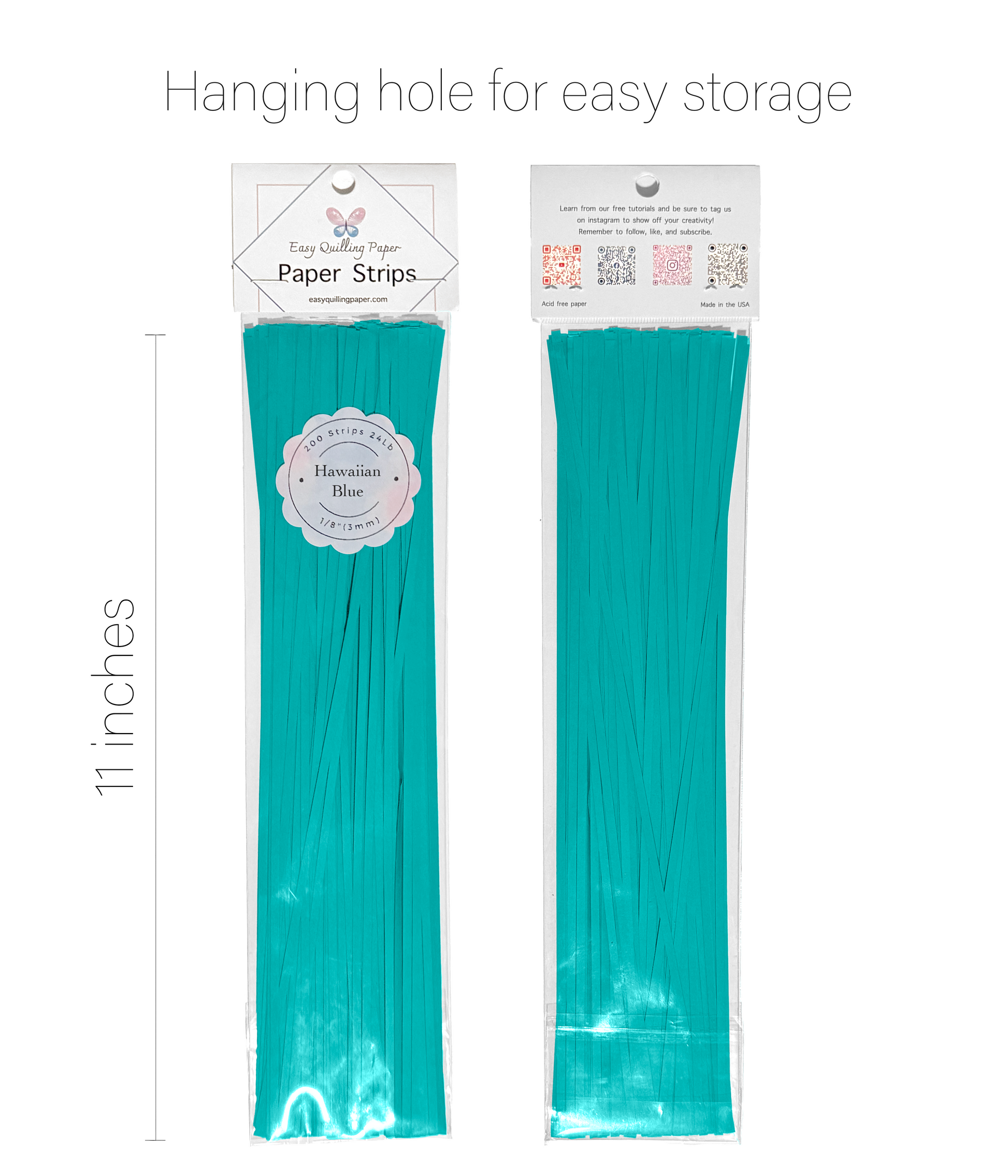 Flat teal blue paper quilling strips in resealable bags side by side. Strips are 11 inches long.