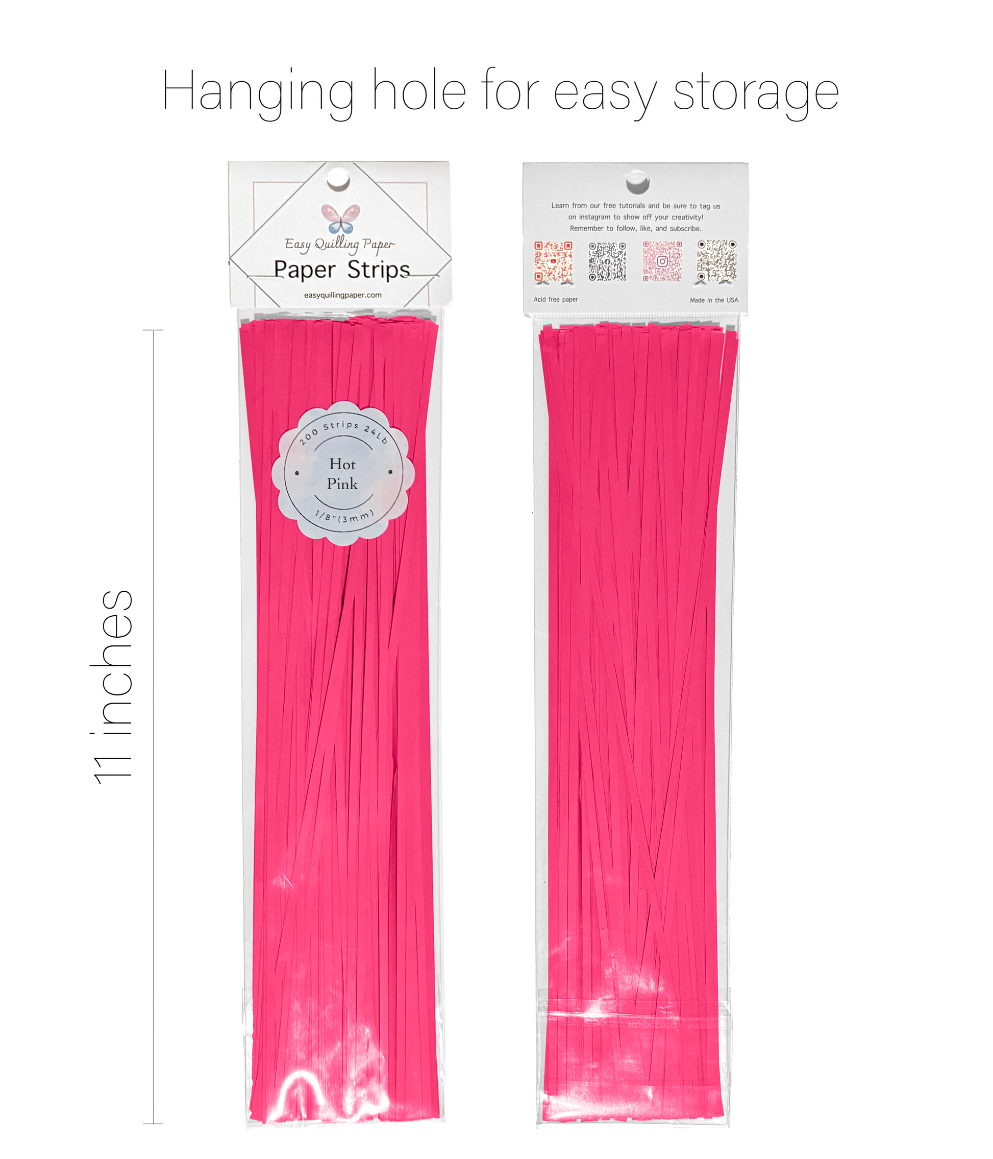 Flat hot pink paper quilling strips in resealable bags side by side. Strips are 11 inches long.