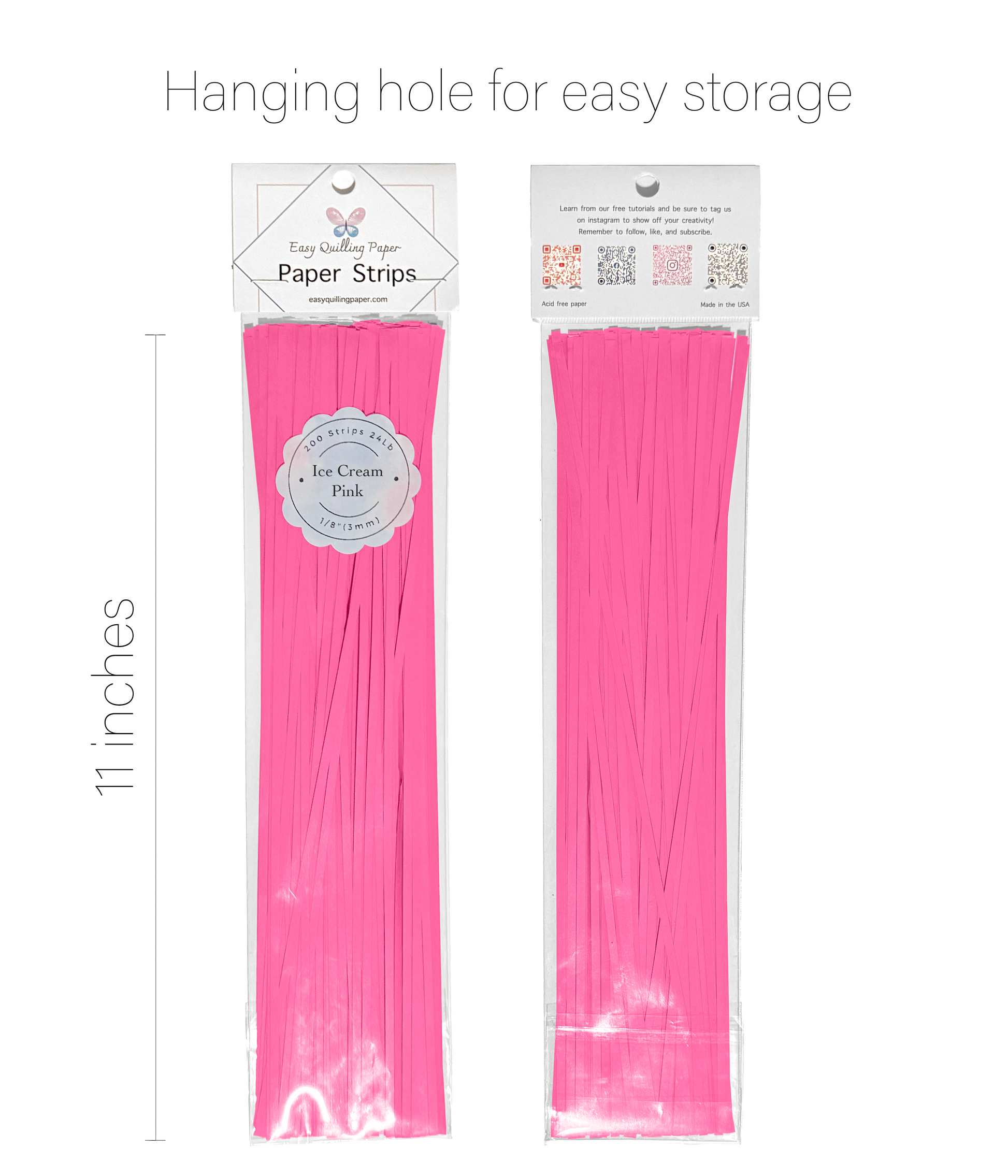 Flat, bright pink paper quilling strips in resealable bags side by side. Strips are 11 inches long.
 